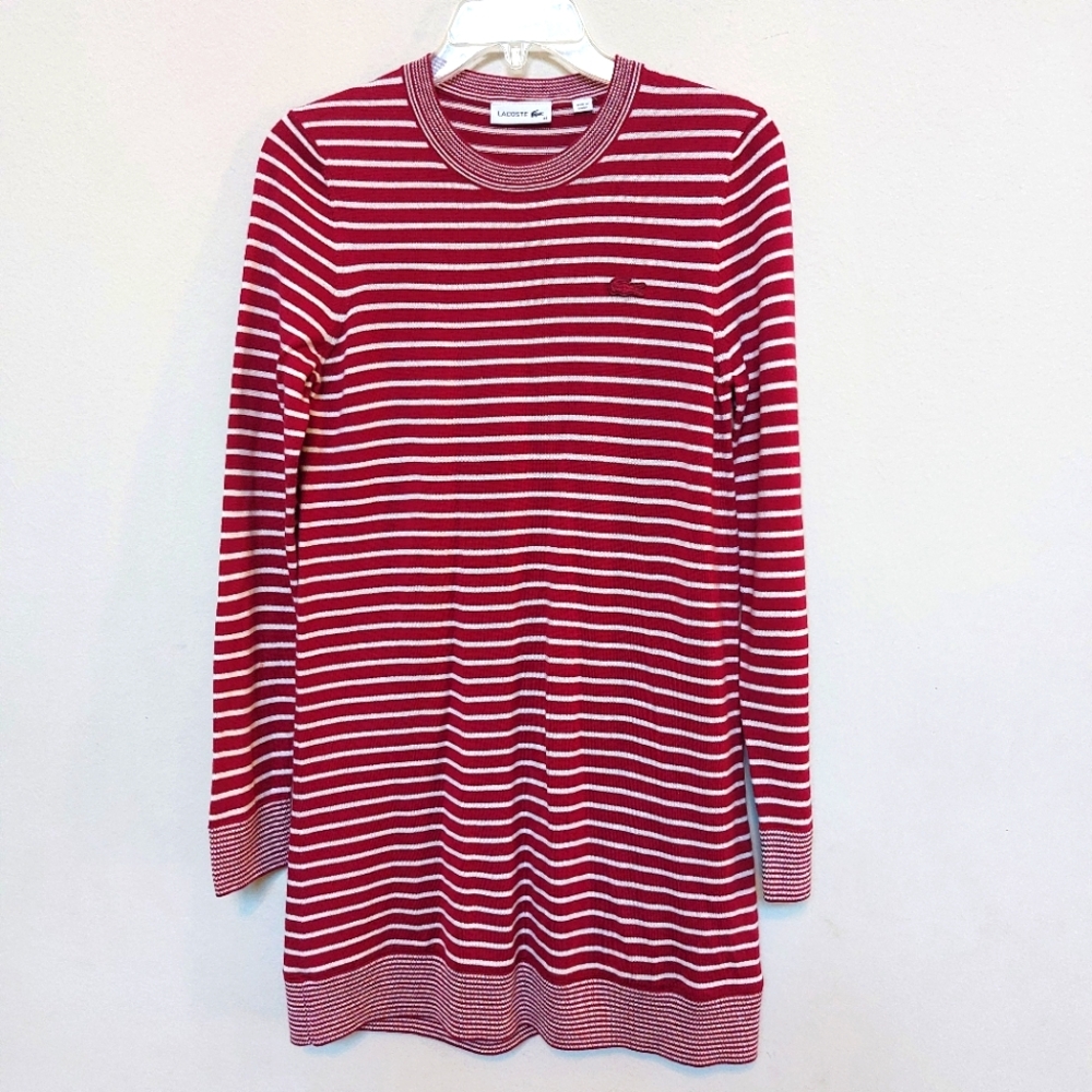 LACOSTE Red and White Striped Mini Dress Size 34 NWNT
